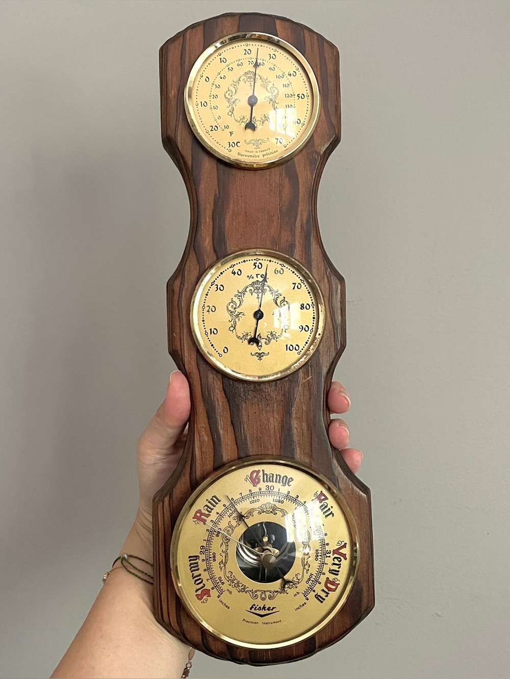 Vintage Fisher France Wood Barometer Weather Station Wall Hang 💨